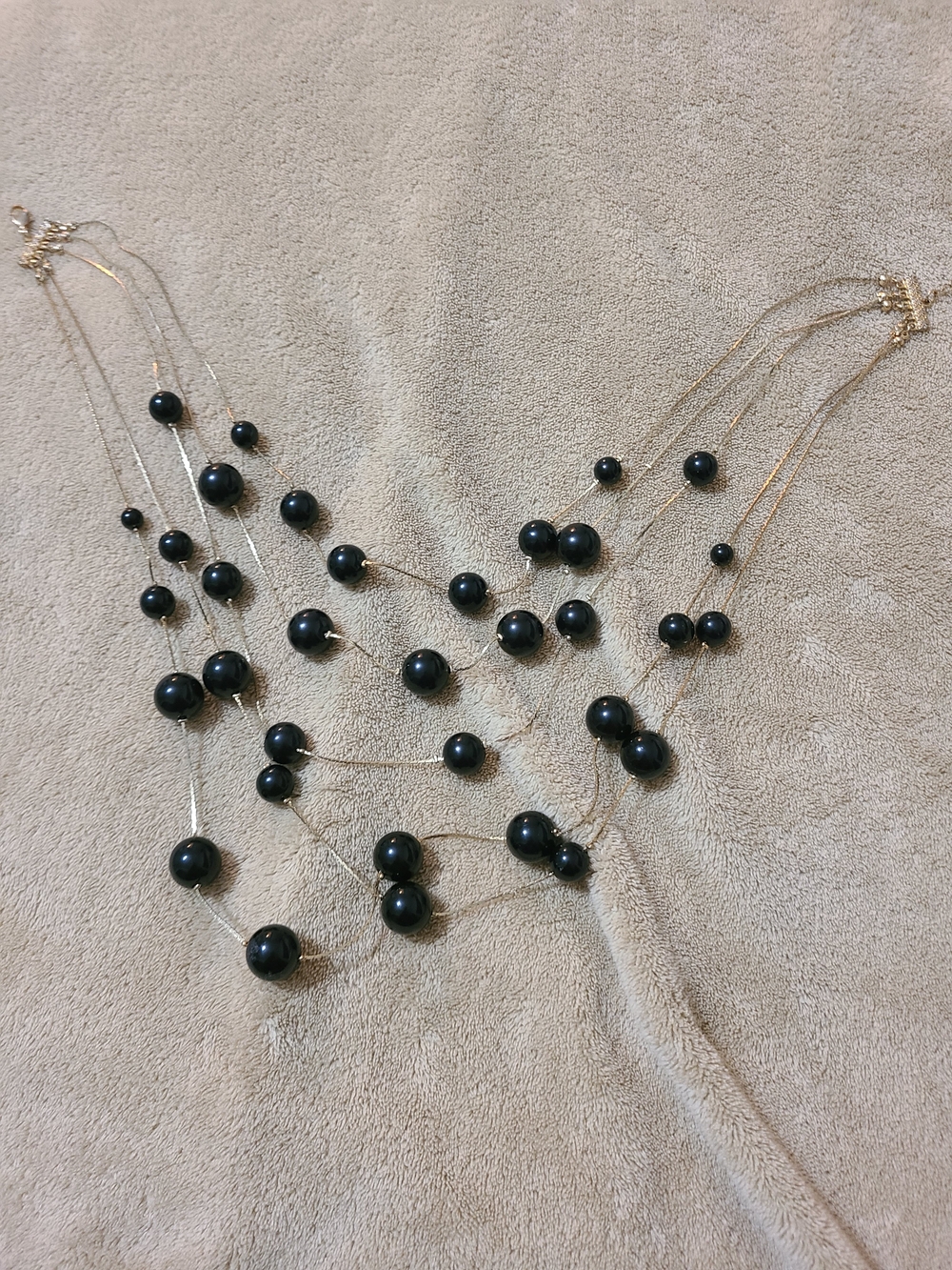Five Multi-Strand Black Bead Statement Necklace - Gold Chains